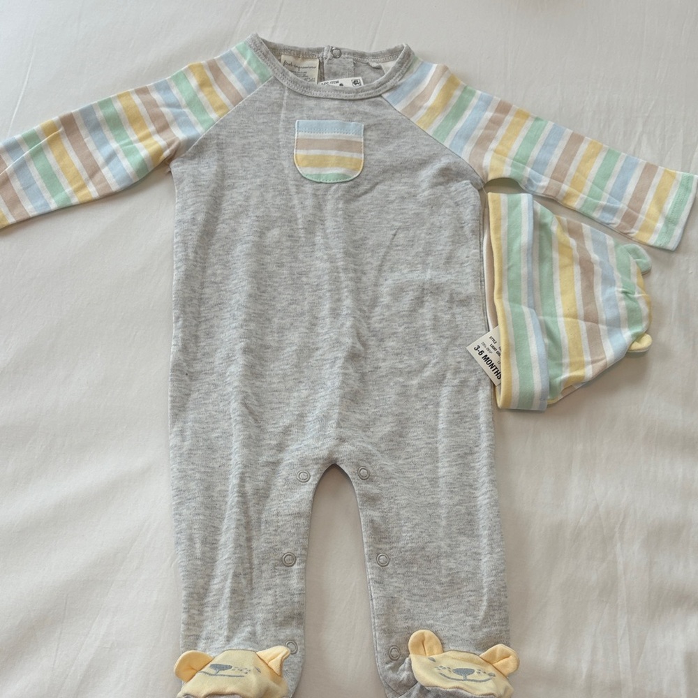 First ImpressionsStriped Gray and Multicolor Kids One Piece and hat set
